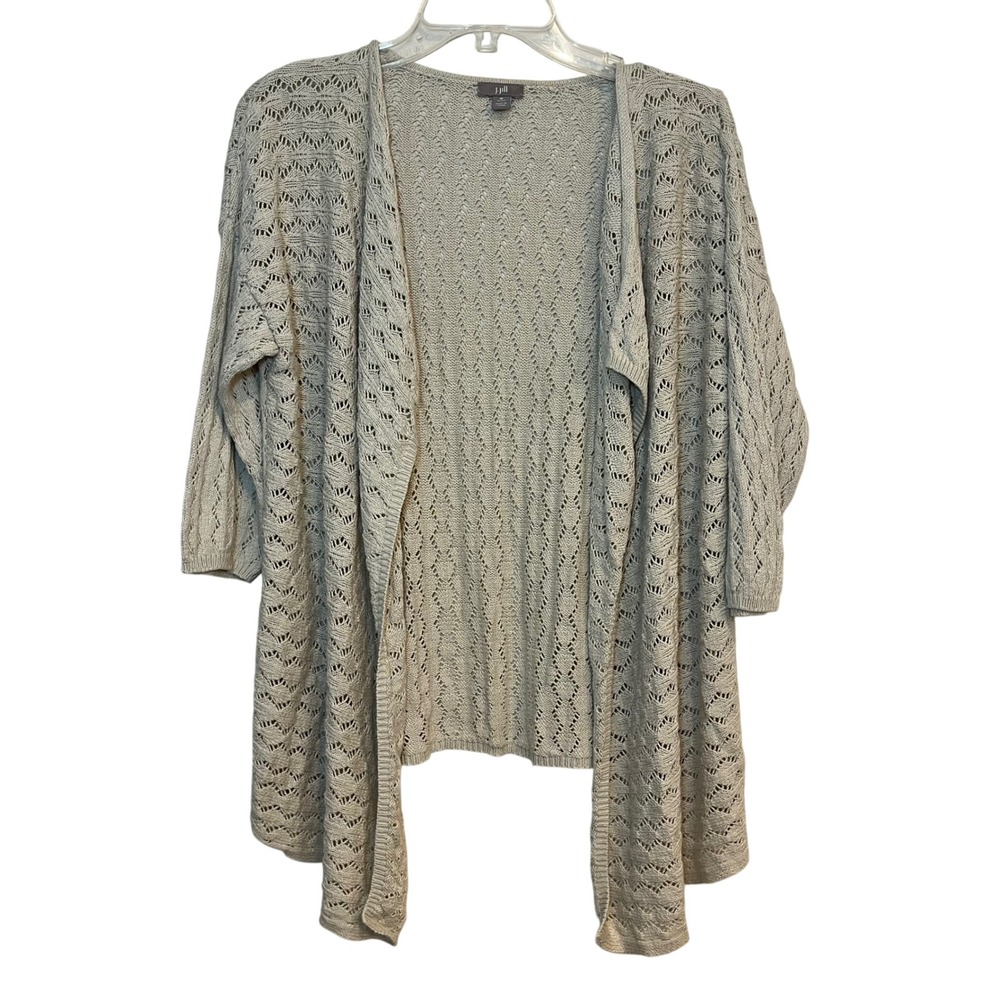 J. Jill Sweater Open Front Cardigan Crochet Lightweight Oatmeal Beige Med Petite